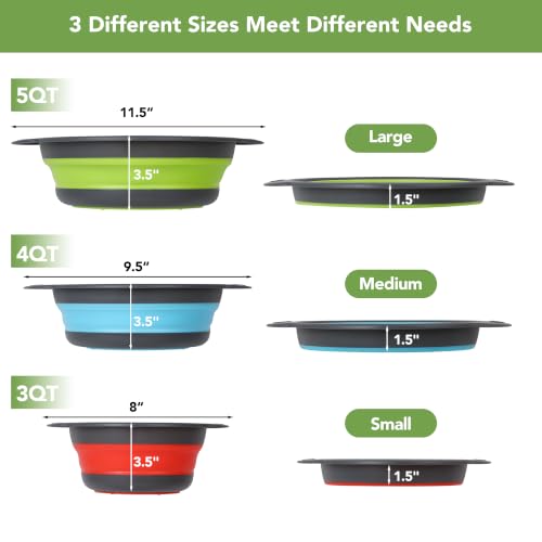 3-Pack Collapsible Colander for Kitchen with Self-Draining Base Foldable Strainers Set Round Silicone Food Drainer for Pasta Fruits and Vegetables (3QT, 4QT and 5QT)