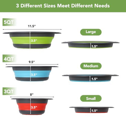 3-Pack Collapsible Colander for Kitchen with Self-Draining Base Foldable Strainers Set Round Silicone Food Drainer for Pasta Fruits and Vegetables (3QT, 4QT and 5QT)