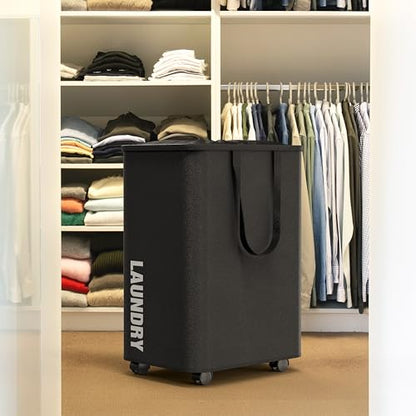 Simple Houseware Large 82L Laundry Basket with Wheels and Handles, Black | Collapsible Waterproof Hamper with Mesh Cover