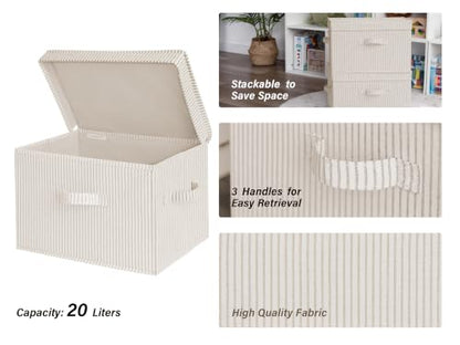 StorageWorks Fabric Storage Bins with Lid, Decorative Storage Boxes for Shelves, Stackable Closet Organizer Basket with Handles, Large, Khaki and Beige Stripes, 2-Pack