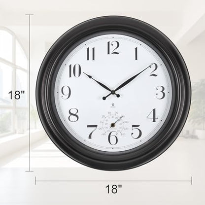 Atomic Outdoor Wall Clock Sealed Waterproof Clock with Temperature | Auto-Set Time, Easy to Read - Large Patio, Pool 18 Inch Clock for Outside, Backyard, Garde
