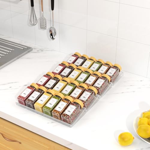 24 Spice Jars with Spice Drawer Organizer, 355 Spice Labels, 2 Pack Expandable From 11'' to 21'' Acrylic Spice Rack for Drawer, Seasoning Containers Storage Organization for Kitchen Cabinet Countertop