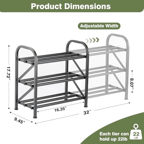 3-Tier Shoe Rack for Closet, 16"-32" Expandable Shoe Rack Adjustable for Entryway Closet Doorway Sturdy Metal, Black
