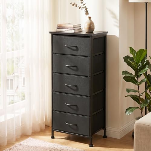Fixwal Tall Skinny Dresser with 5 Fabric Drawers, Slim Dresser,Black | 33.8in height, 15.7in width, wooden top, breathable non-woven fabric, anti-tipping fittings, stable steel frame