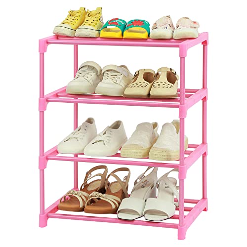 HITHIM 4-Tier Free Standing Pink Shoe Racks, Lightweight Stackable Shelf | 6-8 Pairs Shoe Storage for Girls/ Women/ Kids' Closet, Small Place Organizer for Entryway, Doorway and Closet