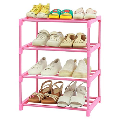 HITHIM 4-Tier Free Standing Pink Shoe Racks, Lightweight Stackable Shelf | 6-8 Pairs Shoe Storage for Girls/ Women/ Kids' Closet, Small Place Organizer for Entryway, Doorway and Closet