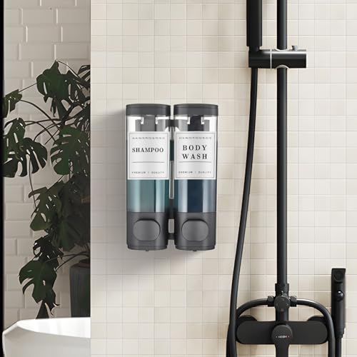 Shampoo and Conditioner Dispenser,Unisense Shower Soap Dispenser 2 Chamber No Drill Wall-Mounted Shampoo Dispenser for Shower Wall Mounted Shower Dispenser for Bathroom Hotel Large Capacity,Black