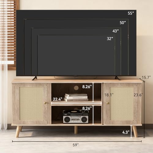 LUCKLIFE Rattan TV Stand for 65 Inch Television with Charging Station,59" Mid Century Modern Entertainment Center, Boho Media Console with Storage Cabinet Open Shelves for Living Room,Natural
