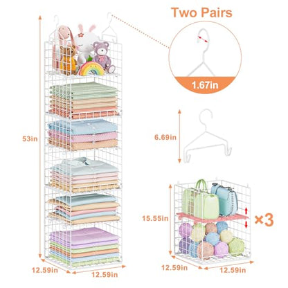Yuyetuyo 6 Tier Raised-Height Hanging Closet Organizer, Stackable Sweater Organizer for Closet, Wire Storage Basket Bins for Clothes Purse Shoes, Hanging Shelves with 4 Hooks & 3 Dividers Adjustable