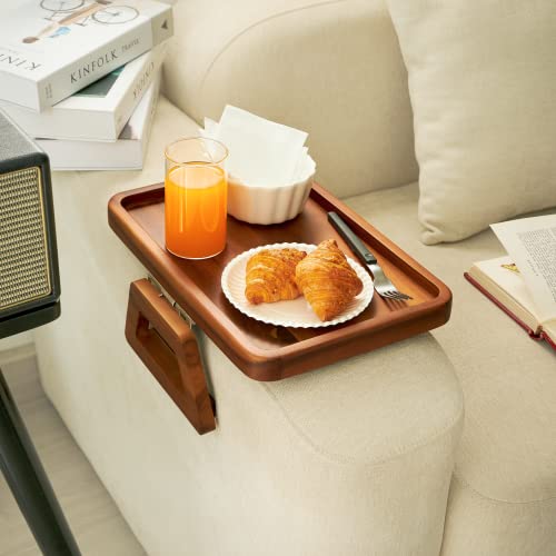 13.75" x 9.5" Acacia Couch Arm Table, Wooden Sofa Arm Tray, Armrest Table for Couch Wooden Sofa Armrest Tray, Clip-on Tray for Wide Couch - Side Table for Eating & Drink, Snack, Phone, Remote