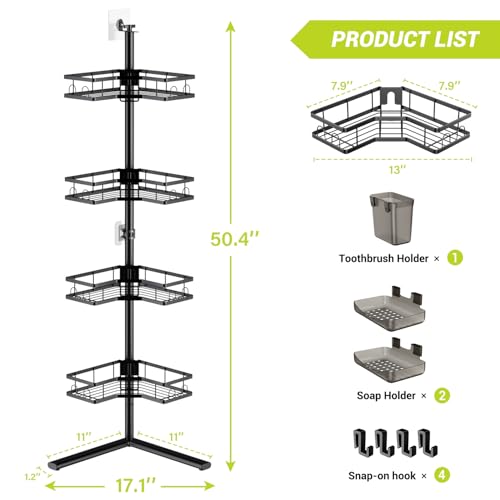 Standing Corner Shower Caddy - 4-Tier Rustproof Adjustable Shower Shelves | Floor Standing Shower Organizer Rack, No Drill Corner Shower Shelf for Bathroom, Apartments and Renters
