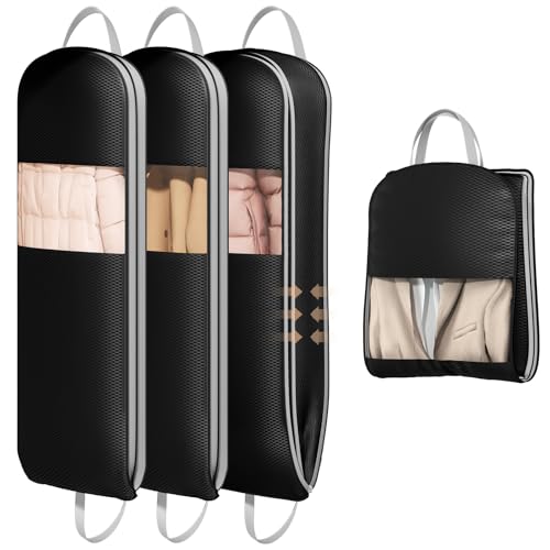DIMJ 3 Pack 54" Garment Bags for Hanging Clothes - Space Saving Compression Suit Bag Travel with Handles Window, Washable Carry Clothing Storage Cover for Dress, Coats, Down Jacket, Shirts