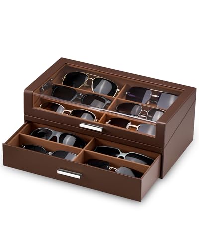 ProCase 12 Slots Sunglasses Box with L-Shaped Clear Lid -Espresso | Multiple Pairs Glasses Display Organizer Eyewear Eyeglass Eye Glass Storage Holder with Drawer for Men Women