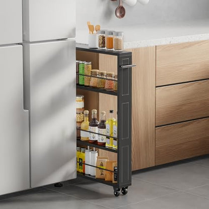 KLM Rolling Storage Cart 4-Tier Black Kitchen Cart with Wheels, Slim Storage Cart with Handle Slide Out Utility Cart Shelving Unit Organizer Trolley for Laundry Narrow Places Bathroom Small Corner
