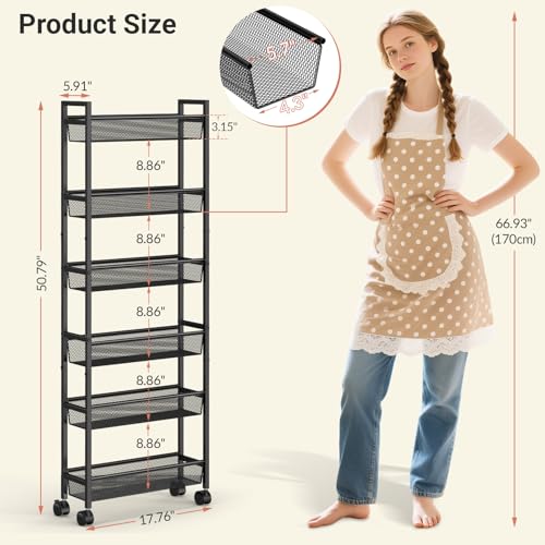 ThreeHio 6 Tier Slim Storage Cart, Narrow Cart with Wheels, Metal Mobile Shelving Unit Organizer for Kitchen, Bathroom, Laundry Room, Living Room & Narrow Spaces, Black, 6in(W)