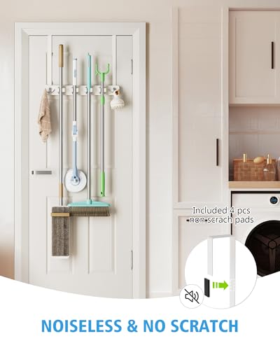 Over the Door Broom and Mop Holder, Broom Hanger, 4 Slots & 4 Hooks | No Drilling Required, Wood and Metal Build, EVA Door Protection Pads, Secure Grip Slots, Closet Garage Laundry Use, White