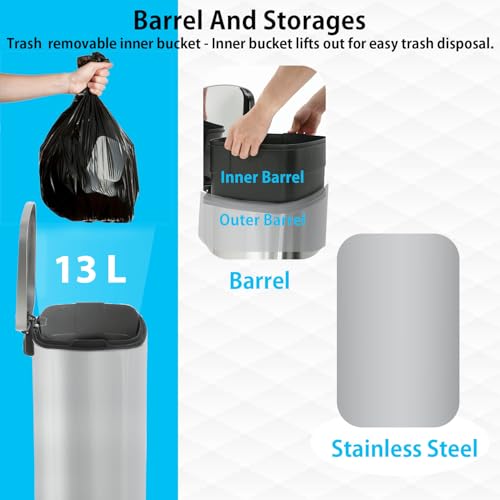 BestMassage Stainless Steel Trash Can with Lid, 13 Gallon, Composting | Step-Open, Soft Closing, Removable Inner Bucket, 50 LIter Indoor Composting Bin for Home, Office