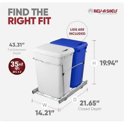 Rev-A-Shelf Double Pullout Garbage Trash Cans for Kitchen Cabinets, 35 Qt | Large Capacity Waste/ Recycling Bins, Heavy Gauge Wire Construction, with Full Extension Slides, Blue/White, RV-18KD-11RC-S