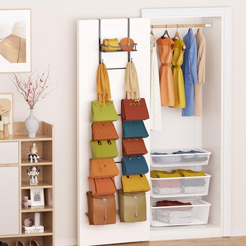 Over The Door Purse Organizer - Wall Mounted Purse Rack with 16 Hooks and Metal Basket, Handbag Hanger Organizer Holds up to 16 Bags, Bag Rack Can Use As 1/2 Part, for Door, Closet
