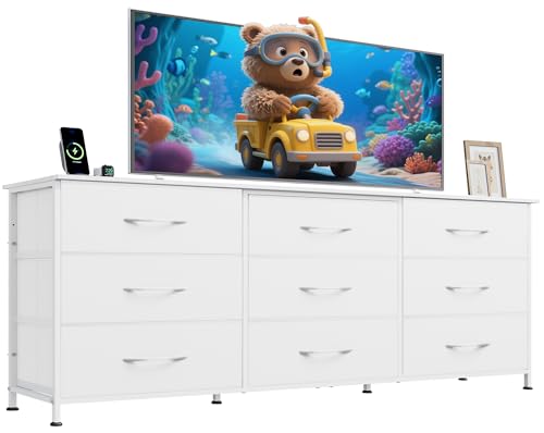 Wide TV Stand for 75 Inch TV, 9 Fabric Drawers, Wh... (White | Fabric)