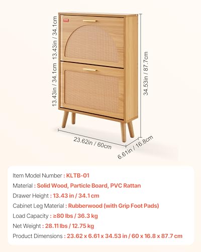 VEVOR Shoe Cabinet with 2 Flip Drawers, Shoe Storage Cabinet for Entryway, Free Standing Shoe Storage Organizer with Rattan Doors for Heels, Boots, Slippers in Hallway, Living Room