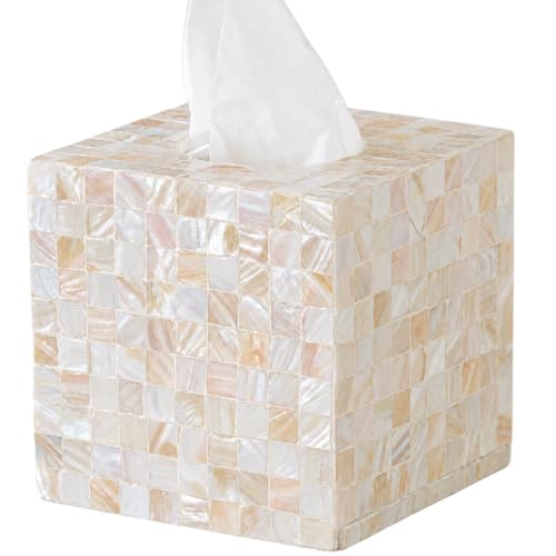 5.9” Mother of Pearl Tissue Box Cover for Kleenex and More – Handcrafted Square Tissue Holder with Sliding Bottom – Decorative Napkin Dispenser for Bathroom, Bedroom, Kitchen, Office