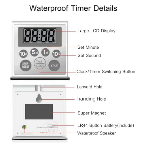 Digital Timer Waterproof Shower Timer Shower Clock Bathroom Kitchen Timer with Strong Magnet and Large LCD Display (Waterproof 7 Key)