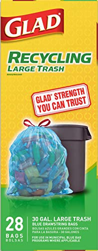 Glad Trash Bags, Large Drawstring Garbage Bags, 30 Gallon Blue Trash Bags for Large Kitchen Trash Can or Recycling, 28 Count - Packaging May Vary