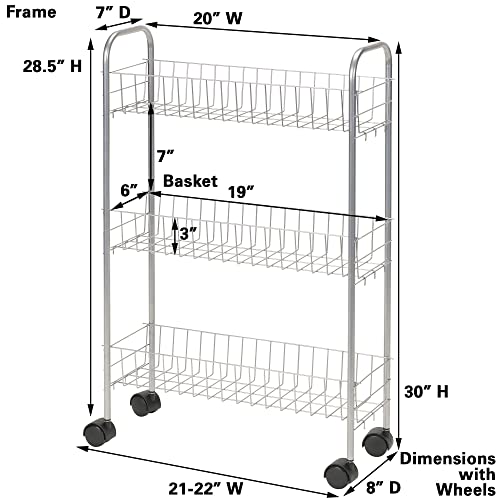 Household Essentials Slim Storage Cart, 3 Shelf Storage Cart with Wheels, Perfect for Laundry Rooms, Bathrooms, Pantries, Kitchens and More