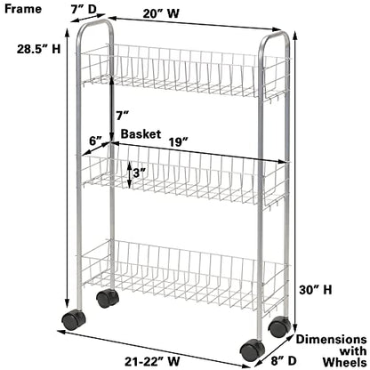 Household Essentials Slim Storage Cart, 3 Shelf Storage Cart with Wheels, Perfect for Laundry Rooms, Bathrooms, Pantries, Kitchens and More