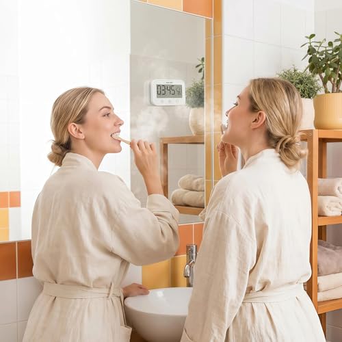 Digital LCD Waterproof Timer Shower Clock, Waterproof for Water Spray, Bathroom Clock Wall Mount, Two Suction Cup, Displays Time, Temperature, and Indoor Relative Humidity (1, White)