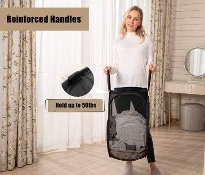 2 Pack Strong Mesh Pop Up Laundry Hamper, 70L Collapsible Laundry Basket with Steel Frame, Double‑Stitched Handles & Side Pocket, Foldable Dirty Clothes Hamper for Dorm, Bedroom, Black