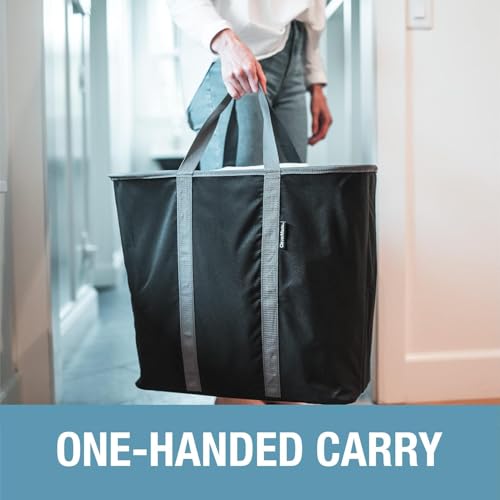 CleverMade Collapsible Laundry Caddy, 64L, 2 Pack, Black Gray | A reinforced rim and base keep it upright for loading. Comfortable handles move up to 2 full loads, then it folds flat.