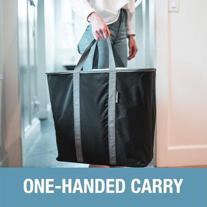 CleverMade Collapsible Laundry Caddy, 64L, 2 Pack, Black Gray | A reinforced rim and base keep it upright for loading. Comfortable handles move up to 2 full loads, then it folds flat.