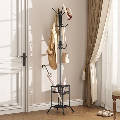 Coat Rack Freestanding, Metal Coat Rack with Umbrella Holder | 12 Hooks, Square Base, Heavy Duty Floor Standing Coat Tree for Entryway, Hallway, Living Room, Bedroom, Office, Black