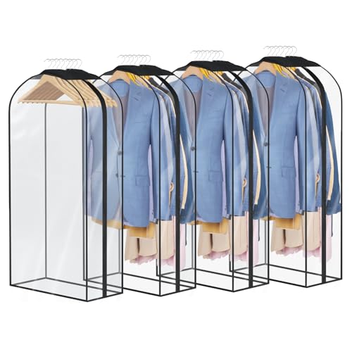 Univivi Garment Bags for Hanging Clothes, Clear Suit Bag 40 In, 4 PCS | Large Capacity, All Clear Fabric, 10 In Gusset, Durable Smooth Zipper, Garment Covers for Suits, Shirts, Coats