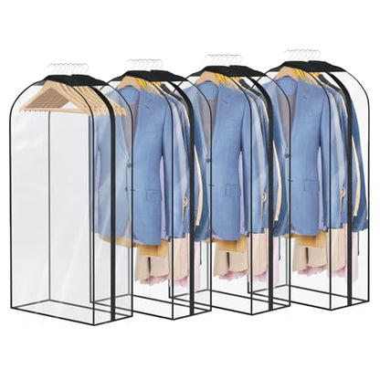 Univivi Garment Bags for Hanging Clothes, Clear Suit Bag 40 In, 4 PCS | Large Capacity, All Clear Fabric, 10 In Gusset, Durable Smooth Zipper, Garment Covers for Suits, Shirts, Coats