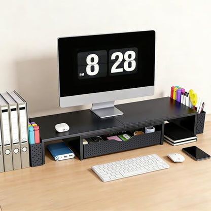 Dual Monitor Stand Riser with Drawer and 2 Pen Holders | Monitor Riser Desk Organizers and Accessories,Desk Accessories & Workspace Desktop Organizers for Office Supplies (Black)