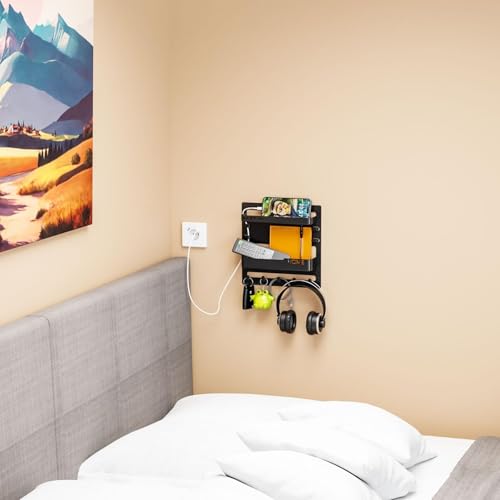 SuoXing Bedside Shelf Wall Mount and Wall Nightstand for Bedroom,Rv,Dorm Room,Bedside Wall Organizer for Phone Holder,Wall Mount Shelf Organizer for Charging Station and Remote Control Holder,Black