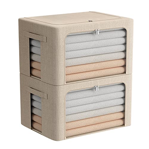 FHSQX 2 Pack Clear Window Storage Bins Foldable Fabric Storage Bins Boxes for Clothes Stackable Box Organizer Set with Carrying Handles (Beige, 22L,15.7x 11.8x 7.8 Inch)