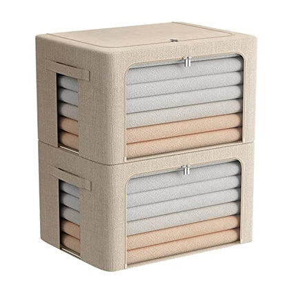 FHSQX 2 Pack Clear Window Storage Bins Foldable Fabric Storage Bins Boxes for Clothes Stackable Box Organizer Set with Carrying Handles (Beige, 22L,15.7x 11.8x 7.8 Inch)