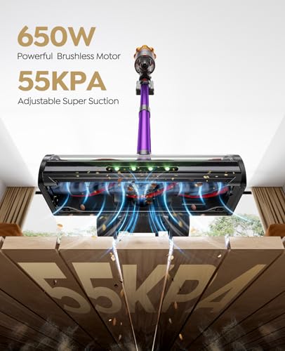 Cordless Vacuum Cleaner, 70Mins 650W 55KPA Vacuum Cleaners for Home, Self-Standing Stick Vacuum with Auto Mode, Anti-Tangle Wireless Vacumm, Scented, Vacuum Cordless for Pet Hair/Carpet/Floor