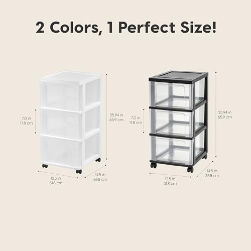 IRIS USA 3-Drawer Slim Narrow Storage Organizer Rolling Cart, Black/Clear | Organize crafts, school supplies, accessories, and household items with slim storage and easy-access drawers