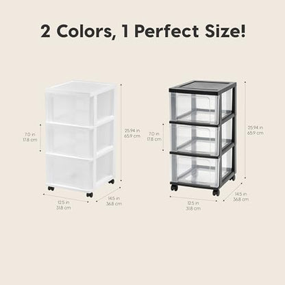 IRIS USA 3-Drawer Slim Narrow Storage Organizer Rolling Cart, Black/Clear | Organize crafts, school supplies, accessories, and household items with slim storage and easy-access drawers