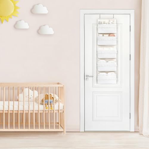 Dahey Over The Door Organizer 5 Pockets Hanging Behind Door Storage, White | Boho Cotton Tassels, Fits 1.77" Door, Space Saving & Big Capacity, Versatile Use, for Nursery Bathroom Bedroom Dorm Decor