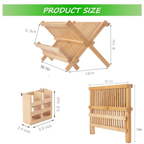 Bamboo Dish Drying Rack-2 Tier, Collapsible Small Dish Rack with Utensil Holder, Wooden Drying Rack for Kitchen Counter, Apartment Essentials Kitchen Plate Holder Organization 34 pcs Grid