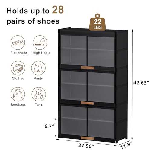 7 Tier Shoe Cabinet with Doors, 24-Pair Storage, Black | Tall design saves floor space. Transparent doors for quick find. Adjustable layers for boots. Waterproof & easy wipe.
