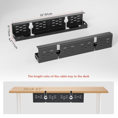 Univivi Under Desk Cable Management Tray, Cable Management, 32 inch, Black | Durable Steel Material, Under Desk Cable Tray with No-Drill C-Clamp and Screw Mount, Wire Management for Office/Home