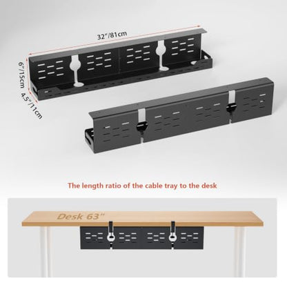 Univivi Under Desk Cable Management Tray, Cable Management, 32 inch, Black | Durable Steel Material, Under Desk Cable Tray with No-Drill C-Clamp and Screw Mount, Wire Management for Office/Home