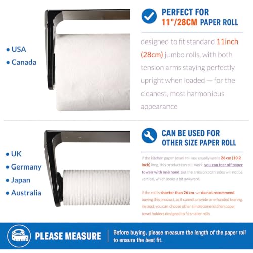 ONE Hand Simple Tear Paper Towel Holder Under Cabinet (White) | tension arms, tear one/more sheets at one time | aluminum alloy+abs | adhesive or drilling for wall/cabinet | for 28cm roll